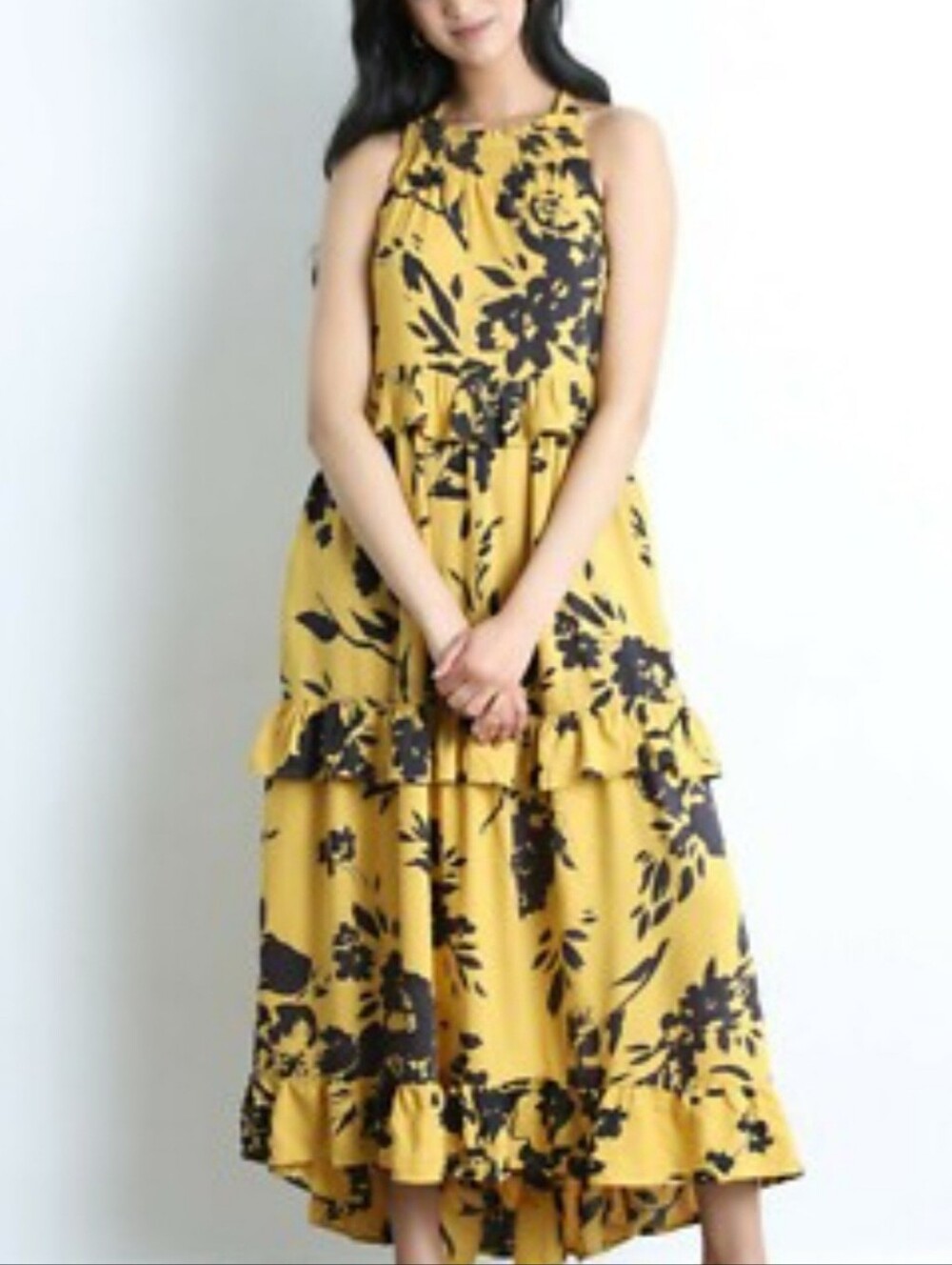Angie Tiered Golden Yellow Black Floral High-Low Ruffle Hem Maxi Dress Size L